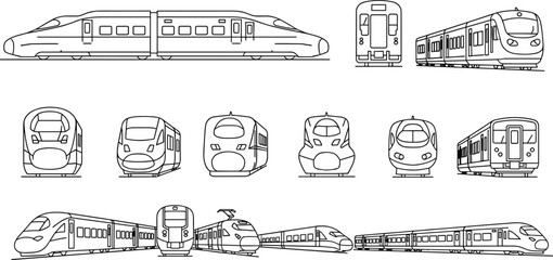 High speed train outline illustration collection showing modern railway locomotives multiple angles side front perspective views isolated black white vector transport design © Akaza