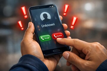 Scam phone call concept with unknown caller ID and alert icons. Illustrates mobile fraud, cybersecurity threat, phishing, and personal data protection from suspicious phone activities.