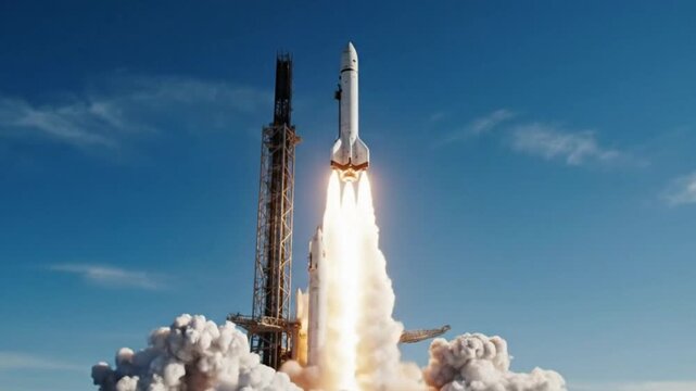 A powerful space launch vehicle ignites its engines, blasting off from the launchpad with immense thrust and fiery exhaust. Billowing clouds of smoke and flames engulf the base of the rocket as it beg