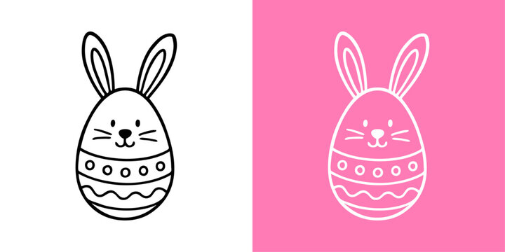 Dibujo sencillo con l&iacute;neas de Huevo de Pascua con decoraci&oacute;n, cara sonriente y orejas de conejo 