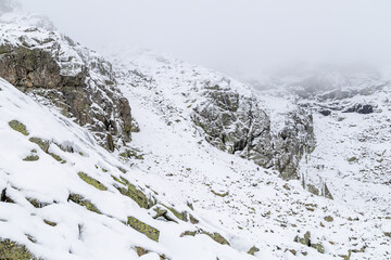 The Sierra de Guadarrama mountains in Madrid during the snowfall of december 2025, at the Cotos mountain pass
