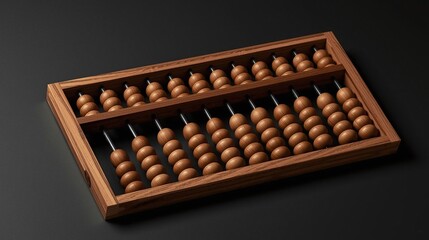 Handcrafted wooden abacus with beaded rows on matte black background
