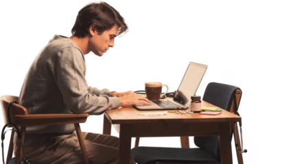 Person seated slouched at a cozy home desk with a warmtoned ambiance cold coffee cup and closed laptop symbolizing mental burnout and physical tiredness in medicalthemed imagery.