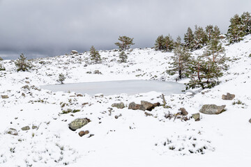 small lagoon in the Sierra de Guadarrama mountains in Madrid during the snowfall of december 2025, at the Cotos mountain pass