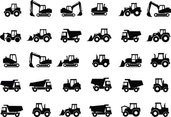Construction vehicle silhouette, heavy machinery icon, excavator graphic, bulldozer shape, dump truck design, black equipment grid, industrial transport symbol, loader tractor art, worksite © Rejowanul Expressive