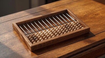 Vintage wooden abacus on rustic table with warm sunlight