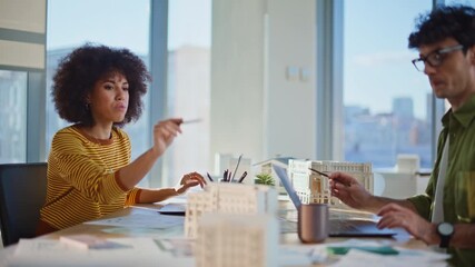 Project managers planning architectural design in company workplace closeup.