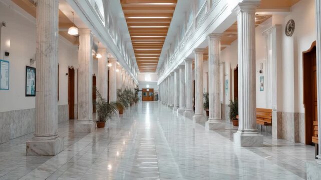 Grand marble hallway with classical columns and potted plants leading to wooden doors