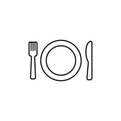 Dining line art icon with plate, fork and knife for apps and websites
