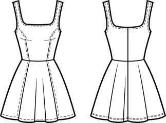 Women sleeveless fit and flare dress technical fashion drawing, front and back view, square neckline, flared skirt, minimalist outline illustration