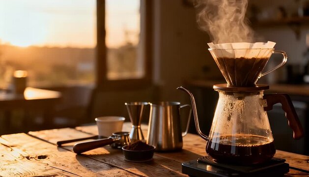 Coffee brewing process with equipment on a wooden table