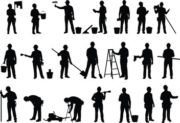 Construction worker silhouette, labor activity icon, safety gear figure, manual task pose, industrial job graphic, black shadow design, occupational tool action, worksite role illustration