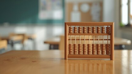 Wooden Abacus on School Desk with Blurred Classroom Background