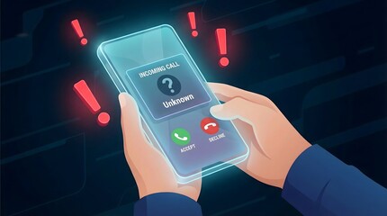 Scam phone call concept with unknown caller ID and alert icons. Illustrates mobile fraud, cybersecurity threat, phishing, and personal data protection from suspicious phone activities.