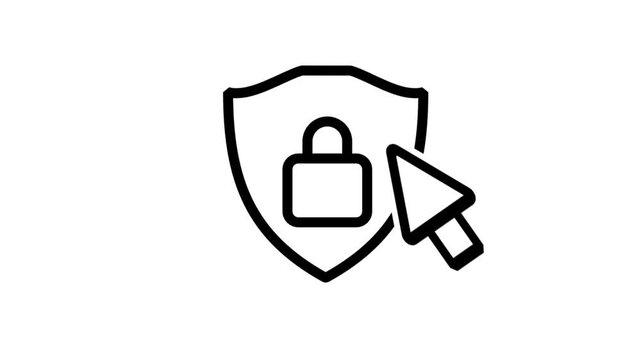Mouse cursor clicking on a padlock shield icon, representing cybersecurity activation, enabling privacy settings, and secure digital user interaction.