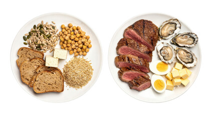 Fototapeta premium Neutral background with a sidebyside comparison of zincrich plant foods and animal products arranged on separate plates emphasizing differences in bioavailability visually.