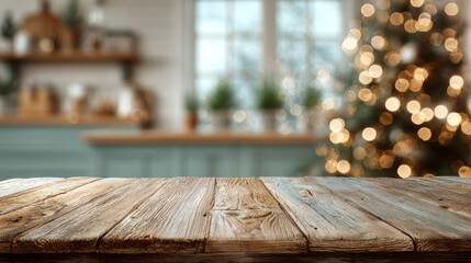 Empty wooden tabletop with a natural textured surface in a cozy kitchen interior featuring blurred background with holiday lights and decorative elements