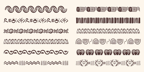 Plakat Set african tribal ethnic border, divider doodle hand drawn from geometrical shapes isolated. Boho motif scandinavian srtoke, traditional native decor.