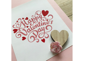 Happy Valentine’s Day hand lettering typography with hearts and decorative elements on greeting card for romantic celebration and love message design