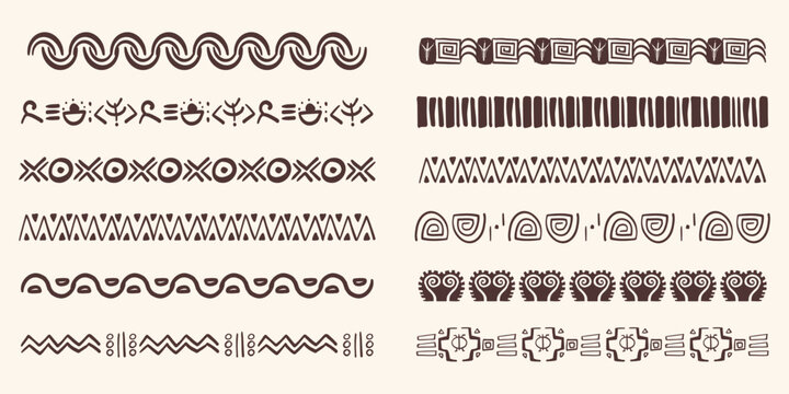 Set african tribal ethnic border, divider doodle hand drawn from geometrical shapes isolated. Boho motif scandinavian srtoke, traditional native decor.