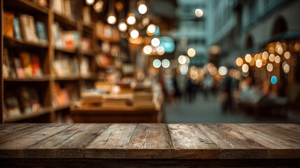 Empty wooden tabletop with textured surface in a cozy bookstore interior featuring blurred bookshelves and warm ambient lighting