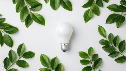 Energy-efficient led light bulb with smooth matte white surface surrounded by vibrant green leaves
