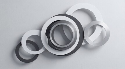 Abstract Minimalist Background with 3D Overlapping Metallic and White Circles on Textured Grey Surface