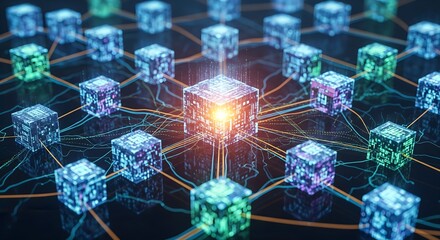 Glowing digital network with interconnected cubes and vibrant data streams