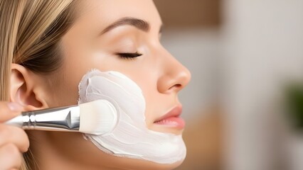 Close-up of facial mask application with a brush on a woman's face for skincare treatment