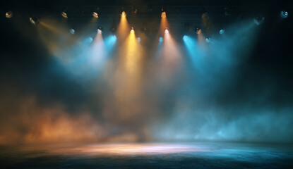 Epic cinematic stage background with vibrant multicolored spotlight beams illuminating a dark performance space