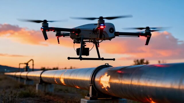 Medium shot of a drone equipped with thermal imaging sensors hovering over an oil pipeline during dusk for heat leak detection.