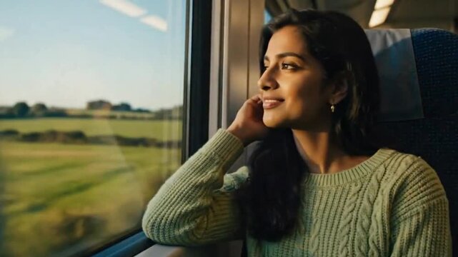 A serene young adult woman finds peaceful solitude while traveling by public transport, gazing thoughtfully out of the window. Bathed in the warm glow of golden hour sunlight, she leans gently, eyes c