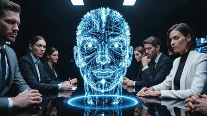 Business professionals gathered around a futuristic glowing blue robotic head with digital interface and data visualization on a dark background - Powered by Adobe