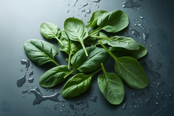 Fresh spinach leaves on dark surface