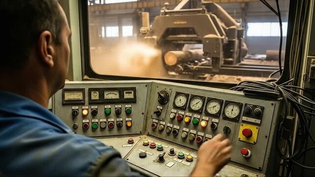 Industrial worker operating heavy machinery in factory setting