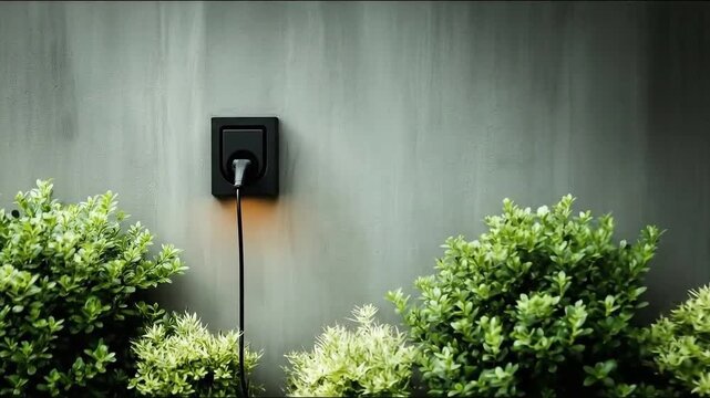 A black electric vehicle charging outlet with a plug on a gray wall. Lush green foliage frames the scene, emphasizing sustainability.