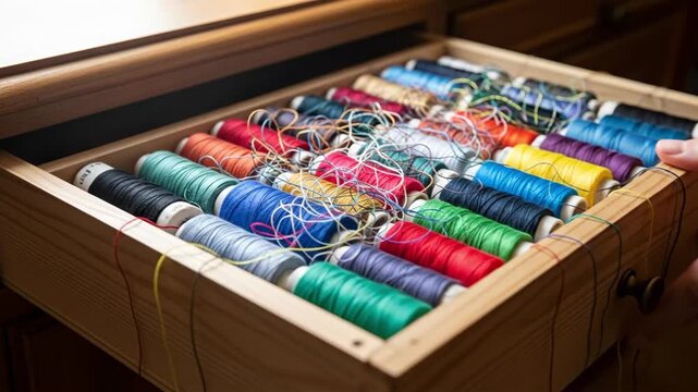 Colorful sewing threads arranged in a wooden drawer for textile crafting and sewing projects, warm indoor lighting
