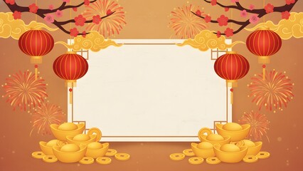 Prosperity Themed Chinese New Year Background with Piles of Gold Ingots, Coins, Lanterns, and Fireworks on Warm Brown Texture