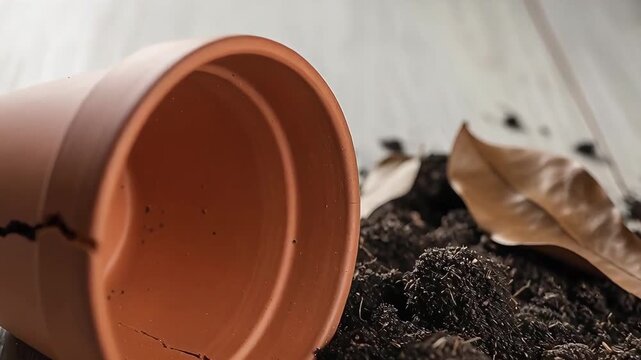Cracked terracotta pot spilled soil and dried leaves on white wooden floor, representing gardening failure and decay