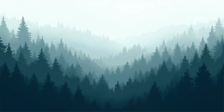 Misty mountain landscape with foggy peaks, forested valleys, and clouds in the calm morning light