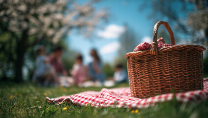 Family enjoying a picnic on a lush green grass field with a classic woven wicker basket and red checkered blanket under blooming trees on a bright sunny day