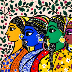 Colorful Indian Folk Art Style Illustration of Diverse Women in Traditional Attire

