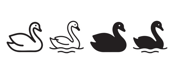 Fototapeta premium Swan Icons Set. Outline, Filled, Silhouette on Water, Vector Graphics.