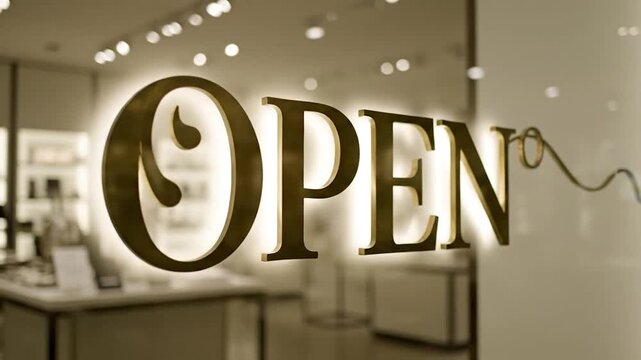 Illuminated "OPEN" sign on glass, store interior blurred background with lights