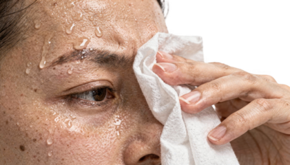 Closeup of forehead with visible sweat beads during a conversation in a cafe hand holding tissue gently dabbing perspiration on a white background.