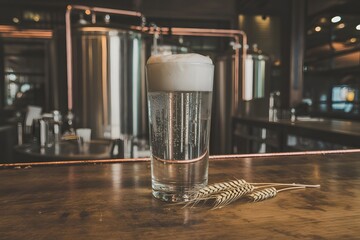 Freshly poured craft beer in a brewery