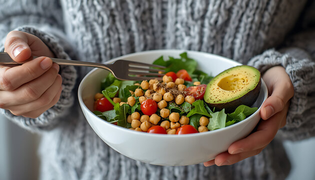 Woman eating fresh chickpea avocado salad - Powered by Adobe