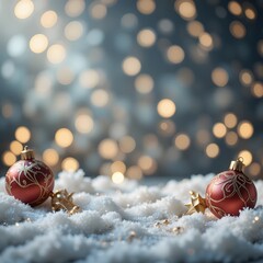 Festive Red Christmas Ornaments with Golden Patterns in Soft White Snow against a Warm Bokeh Background