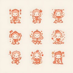 Collection of Nine Cute Chibi Characters in Traditional Chinese Clothing for Lunar New Year and Spring Festival