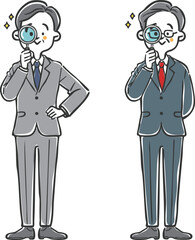 虫眼鏡をのぞく中高年ビジネスマン　全身　ベクター